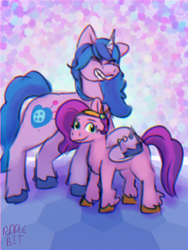 Size: 768x1024 | Tagged: safe, artist:puddle bit, imported from derpibooru, izzy moonbow, pipp petals, pegasus, pony, unicorn, adorapipp, crown, cute, duo, duo female, female, g5, headband, horn, izzy is tol, izzybetes, jewelry, mare, newbie artist training grounds, pipp is short, regalia, signature, simple background, wings