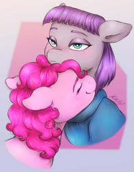 Size: 1539x1977 | Tagged: safe, artist:buttersprinkle, imported from derpibooru, maud pie, pinkie pie, earth pony, pony, blank expression, blushing, cute, diapinkes, duo, duo female, eyebrows, eyes closed, female, floppy ears, mare, maudabetes, nuzzling, pie sisters, siblings, signature, sisters, smiling