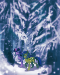 Size: 2000x2500 | Tagged: safe, artist:aquagalaxy, imported from derpibooru, twilight sparkle, oc, oc:northern wind, pony, unicorn, duo, forest, high res, walking, winter