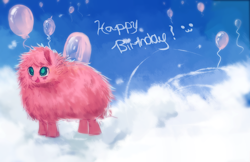 Size: 2000x1294 | Tagged: safe, artist:aquagalaxy, imported from derpibooru, oc, oc only, oc:fluffle puff, earth pony, pony, cloud, happy birthday, solo