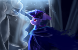 Size: 3200x2070 | Tagged: safe, artist:aquagalaxy, imported from derpibooru, princess celestia, twilight sparkle, pony, alternate universe, cloak, clothes, crying, high res, red eyes