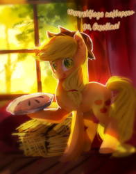 Size: 2000x2550 | Tagged: safe, artist:aquagalaxy, imported from derpibooru, applejack, earth pony, pony, female, food, happy birthday, mare, pie, polish, solo