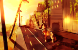 Size: 2000x1294 | Tagged: safe, artist:aquagalaxy, imported from derpibooru, oc, oc only, pony, unicorn, city, horn, post-apocalyptic, road, solo, unicorn oc