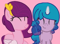 Size: 500x367 | Tagged: safe, artist:jadeharmony, imported from derpibooru, izzy moonbow, pipp petals, pegasus, pony, unicorn, duo, duo female, eyes closed, female, g4, g5, g5 to g4, generation leap, happy, headband, jewelry, pink background, regalia, simple background, smiling