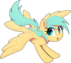 Size: 4300x3800 | Tagged: safe, artist:thebatfang, imported from derpibooru, sunshower raindrops, pegasus, pony, absurd resolution, background pony, eye clipping through hair, female, flying, mare, open mouth, simple background, smiling, solo, spread wings, transparent background, wings