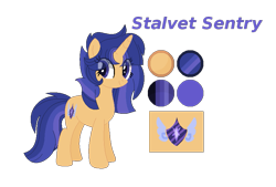 Size: 825x558 | Tagged: safe, artist:joselynarg13, imported from derpibooru, oc, oc only, oc:stalvet sentry, pony, unicorn, cutie mark, female, horn, mare, next generation, reference sheet, simple background, smiling, story included, text, transparent background