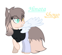 Size: 947x844 | Tagged: safe, artist:mialositas2017, imported from derpibooru, oc, oc only, oc:hinata shoyo, pegasus, pony, clothes, female, heterochromia, mare, pants, shirt, simple background, text, transparent background, wings