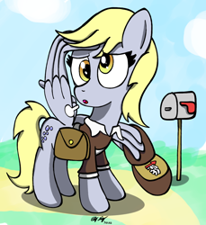 Size: 1100x1200 | Tagged: safe, artist:ebbysharp, imported from derpibooru, derpy hooves, pegasus, pony, atg 2022, bag, female, mailbag, mailbox, mailmare, mare, newbie artist training grounds, solo, wing hands, wings