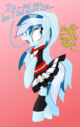 Size: 1638x2600 | Tagged: safe, artist:notadeliciouspotato, imported from derpibooru, oc, oc:serene dive, earth pony, pony, bipedal, blushing, cheerleader, cheerleader outfit, clothes, dialogue, female, gradient background, mare, offscreen character, open mouth, solo