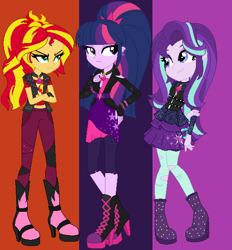 Size: 528x569 | Tagged: dead source, safe, artist:krystal-red-squirrel, artist:selenaede, imported from derpibooru, starlight glimmer, sunset shimmer, twilight sparkle, human, equestria girls, alternate hairstyle, alternate universe, base used, boots, clothes, crossed arms, cutie mark on clothes, ear piercing, earring, fingerless gloves, gloves, hand on arm, hand on hip, high heel boots, high heels, jacket, jewelry, looking at each other, looking at someone, necklace, pendant, piercing, ponytail, role reversal, shoes, the dazzlings, vest