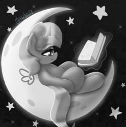 Size: 1094x1107 | Tagged: safe, artist:llametsul, imported from derpibooru, princess luna, pony, atg 2022, black and white, book, female, filly, g4, grayscale, lineless, lying down, magic, monochrome, moon, newbie artist training grounds, on back, reading, relaxing, simple background, solo, stars, tangible heavenly object, telekinesis, woona, younger