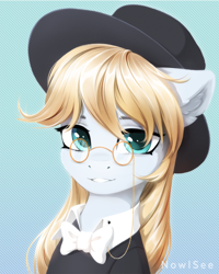 Size: 2000x2500 | Tagged: safe, artist:inowiseei, imported from derpibooru, oc, pony, blue background, bust, female, glasses, hat, mare, portrait, simple background, solo
