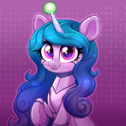 Size: 4000x4000 | Tagged: safe, artist:confetticakez, imported from derpibooru, izzy moonbow, pony, robot, robot pony, unicorn, absurd resolution, ball, bust, eyes open, female, g5, horn, hornball, izzy moonbot, izzy's tennis ball, looking at you, mare, patreon, patreon reward, raised hoof, roboticization, smiling, smiling at you, solo, tennis ball