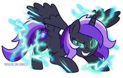 Size: 1000x633 | Tagged: safe, artist:jennieoo, imported from derpibooru, oc, oc:nigtmare aliss, alicorn, pony, alicorn oc, angry, evil, evil grin, grin, horn, lightning, show accurate, simple background, smiling, solo, transparent background, vector, wings