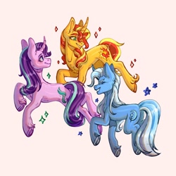 Size: 1280x1280 | Tagged: safe, artist:gowguo, imported from derpibooru, starlight glimmer, sunset shimmer, trixie, pony, unicorn, equestria girls, butt, chest fluff, curved horn, eyes closed, horn, magical trio, plot, smiling, sparkles, trio, underhoof