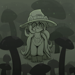 Size: 3072x3072 | Tagged: safe, artist:czu, imported from derpibooru, oc, oc only, oc:coven, earth pony, pony, clothes, earth pony oc, hat, looking at you, male, monochrome, mushroom, solo, unshorn fetlocks, witch hat