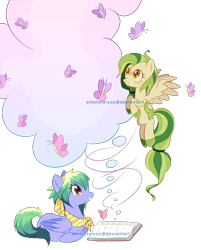 Size: 1476x1836 | Tagged: safe, artist:ametotaiyou, imported from derpibooru, oc, butterfly, pegasus, book, clothes, colored wings, duo, eyelashes, female, flying, grin, mare, pegasus oc, scarf, simple background, smiling, transparent background, two toned wings, wings