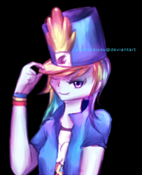 Size: 300x370 | Tagged: safe, artist:ametotaiyou, imported from derpibooru, rainbow dash, human, equestria girls, 2015, black background, bracelet, bust, clothes, female, hat, jewelry, old art, one eye closed, simple background, smiling, solo, wink
