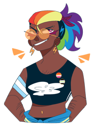 Size: 900x1193 | Tagged: safe, artist:pumpkin-phantom, imported from derpibooru, rainbow dash, human, agender, agender pride flag, alternate hairstyle, belly button, clothes, dark skin, ear piercing, earring, eyebrow piercing, grin, hoodie, humanized, jewelry, lesbian pride flag, midriff, nose piercing, nose ring, piercing, ponytail, pride, pride flag, simple background, smiling, solo, sports bra, sunglasses, transparent background