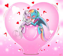 Size: 2074x1842 | Tagged: safe, artist:questionmarkdragon, imported from derpibooru, rainbow dash, oc, pegasus, pony, unicorn, abstract background, blushing, canon x oc, female, heart, holding hooves, horn, lesbian, mare, signature, unicorn oc, wings