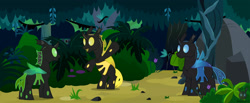 Size: 2769x1144 | Tagged: safe, artist:wheatley r.h., imported from derpibooru, changeling, comic:cambiantes mieleros, blue changeling, comic, green changeling, happy, honeypot changeling, jungle, plants, rock, vector, watermark, yellow changeling