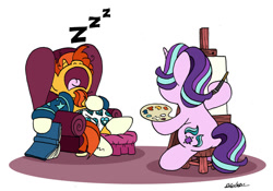 Size: 1024x718 | Tagged: safe, artist:bobthedalek, imported from derpibooru, starlight glimmer, sunburst, pony, unicorn, atg 2022, bathrobe, book, boxers, butt, chair, clothes, coat markings, draw me like one of your french girls, duo, duo male and female, female, heart, heart print underwear, male, mare, newbie artist training grounds, onomatopoeia, open mouth, paintbrush, painting, palette, plot, robe, simple background, sleeping, snoring, socks (coat markings), sound effects, stallion, stool, underwear, volumetric mouth, white background, zzz