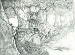 Size: 1400x1036 | Tagged: safe, artist:baron engel, imported from derpibooru, architecture, g5, grayscale, house, la villa izzy, monochrome, pencil drawing, story included, traditional art, tree, treehouse