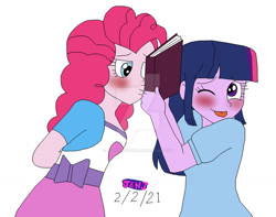 Size: 1280x1009 | Tagged: safe, artist:stella-exquisa, imported from derpibooru, pinkie pie, twilight sparkle, human, equestria girls, ;p, belt, blushing, book, clothes, cute, deviantart watermark, diapinkes, duo, female, kissing, lesbian, obtrusive watermark, one eye closed, shipping, shirt, simple background, skirt, tongue out, twiabetes, twinkie, watermark, white background, wink