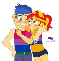Size: 1280x1331 | Tagged: safe, artist:stella-exquisa, imported from derpibooru, flash sentry, sunset shimmer, human, equestria girls, alternate hairstyle, belt, bisexual pride flag, blushing, clothes, cute, denim, deviantart watermark, female, flashimmer, grin, hug, jeans, male, obtrusive watermark, one eye closed, pants, pride, pride flag, pride month, shipping, shirt, shorts, simple background, smiling, straight, support, t-shirt, tanktop, watermark, white background, wink