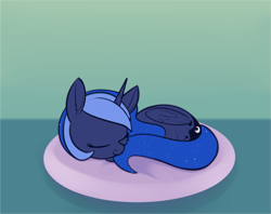 Size: 2248x1779 | Tagged: safe, artist:dusthiel, imported from derpibooru, princess luna, alicorn, pony, atg 2022, cheek fluff, curled up, cushion, lying down, newbie artist training grounds, pet bed, prone, sleeping, solo