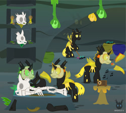 Size: 1786x1602 | Tagged: safe, artist:wheatley r.h., imported from derpibooru, changeling, ghost, undead, comic:cambiantes mieleros, bone, broom, candle, changeling hive, changeling magic, comic, dead, green changeling, honeypot changeling, magic, mask, radio, skeleton, skull, telekinesis, thread, upside down, vector, vessel, watermark, yellow changeling