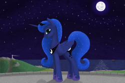 Size: 1800x1200 | Tagged: safe, artist:xodok, imported from derpibooru, princess luna, alicorn, pony, series:ponyashnost, jewelry, lighthouse, looking at you, moon, mountain, night, ocean, smiling, stars, water