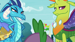 Size: 1918x1080 | Tagged: safe, imported from derpibooru, screencap, princess ember, spike, thorax, changedling, changeling, dragon, season 7, triple threat, dragon wings, dragoness, ember is not amused, eyebrows, female, frown, hand on hip, insect wings, king thorax, male, spread wings, thorax is not amused, trio, unamused, wings