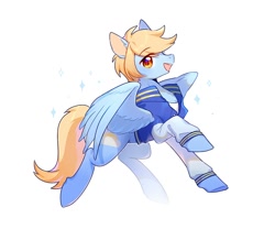 Size: 708x588 | Tagged: safe, artist:dreamsugar, imported from derpibooru, oc, oc only, oc:blue skies, pegasus, pony, clothes, commission, eye clipping through hair, looking at you, male, open mouth, profile, simple background, solo, stallion, white background, wings