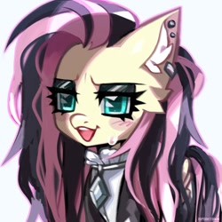 Size: 700x700 | Tagged: safe, artist:pontiikii, imported from derpibooru, fluttershy, pegasus, pony, alternate hairstyle, clothes, ear fluff, ear piercing, earring, emo, eyeshadow, female, fluttergoth, gem, jewelry, lidded eyes, makeup, mare, necklace, open mouth, piercing, simple background, solo, white background