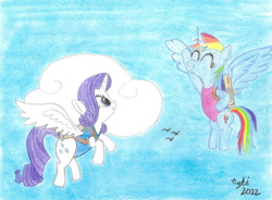 Size: 1280x940 | Tagged: safe, artist:pianoflagerag, imported from derpibooru, rainbow dash, rarity, alicorn, pony, alicornified, clothes, duo, flying, happy, jetpack, leotard, race swap, rainbowcorn, raricorn, sky, sky background, traditional art