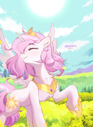 Size: 1927x2618 | Tagged: safe, artist:spoosha, imported from derpibooru, princess celestia, alicorn, pony, cewestia, chest fluff, crown, cute, cutelestia, ear fluff, eyes closed, female, hoof shoes, jewelry, necklace, pink-mane celestia, raised hoof, regalia, smiling, solo, younger