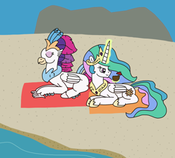 Size: 2136x1922 | Tagged: safe, artist:supahdonarudo, imported from derpibooru, princess celestia, queen novo, alicorn, classical hippogriff, hippogriff, pony, my little pony: the movie, atg 2022, beach, beach towel, coconut cup, duo, levitation, lying down, magic, newbie artist training grounds, ocean, prone, relaxing, telekinesis, water