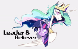 Size: 2929x1838 | Tagged: safe, artist:fan_silversol, imported from derpibooru, princess celestia, twilight sparkle, alicorn, pony, crown, duo, female, gray background, jewelry, looking at you, looking back, mare, regalia, simple background, white pupils