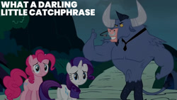 Size: 1280x720 | Tagged: safe, edit, edited screencap, editor:quoterific, imported from derpibooru, screencap, iron will, pinkie pie, rarity, earth pony, minotaur, pony, unicorn, putting your hoof down, season 2, butt, female, male, mare, plot, text, thumbs up, trio