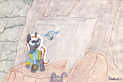 Size: 1920x1280 | Tagged: safe, artist:roseluck, imported from derpibooru, oc, oc only, oc:velvet remedy, pony, unicorn, fallout equestria, game: fallout equestria: remains, clothes, cloud, cloudy, colored pencil drawing, female, full body, horn, jumpsuit, ladder, mare, mountain, outdoors, pipbuck, raised hoof, solo, standing, tail, traditional art, unicorn oc, vault suit, wasteland