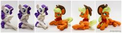 Size: 3900x1080 | Tagged: safe, artist:dustysculptures, imported from derpibooru, applejack, rarity, earth pony, pony, unicorn, applebutt, applejack's hat, butt, clothes, cowboy hat, craft, duo, female, hat, lesbian, plot, rarijack, reading, scarf, sculpture, shipping