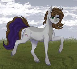 Size: 1895x1689 | Tagged: safe, artist:inyah, imported from derpibooru, oc, oc:cj vampire, earth pony, pony, cloud, grass, grass field, looking at you, one eye closed, scene, smiling, smiling at you, wink, winking at you