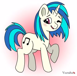 Size: 3000x2951 | Tagged: safe, artist:veetaha, imported from derpibooru, dj pon-3, vinyl scratch, pony, unicorn, blushing, cute, digital art, dock, female, flying, gradient background, mare, minimalist, modern art, one eye closed, open mouth, side view, signature, simple background, smiling, solo, tail, wink