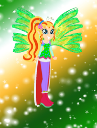 Size: 608x798 | Tagged: safe, artist:magical-mama, artist:selenaede, artist:user15432, imported from derpibooru, fairy, human, hylian, equestria girls, alternate hairstyle, barely eqg related, base used, boots, clothes, colored wings, crossover, crystal sirenix, dress, equestria girls style, equestria girls-ified, fairy wings, fairyized, flower, flower in hair, gradient background, gradient wings, green dress, green wings, high heel boots, high heels, linkle, long hair, looking at you, pink shoes, ponytail, shoes, sirenix, smiling, sparkly background, sparkly wings, the legend of zelda, wings, winx, winx club, winxified