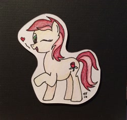 Size: 2414x2280 | Tagged: safe, artist:lunar harmony, roseluck, black background, cute, heart, photo, pointy nose, raised hoof, simple background, solo, traditional art, winking at you