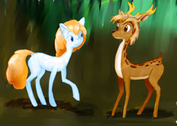 Size: 2231x1590 | Tagged: safe, artist:sanfin, imported from derpibooru, oc, oc only, deer, earth pony, pony, abstract background, antlers, deer oc, duo, earth pony oc, non-pony oc, raised hoof, smiling