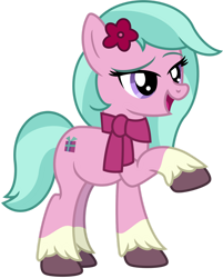 Size: 1024x1271 | Tagged: safe, artist:emeraldblast63, imported from derpibooru, earth pony, pony, clothes, coat markings, dahlia, female, flower, flower in hair, g4, g5, g5 to g4, generation leap, mare, open mouth, scarf, simple background, socks (coat markings), solo, transparent background, unshorn fetlocks