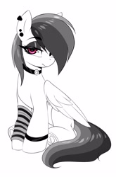 Size: 1982x3000 | Tagged: safe, artist:ask-colorsound, imported from derpibooru, rainbow dash, pegasus, pony, choker, ear piercing, emo, eyebrows, eyebrows visible through hair, eyeshadow, female, hair over one eye, heart, heartbreak, hoof heart, looking at you, makeup, mare, partial color, piercing, simple background, sitting, solo, white background