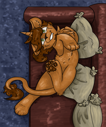 Size: 1541x1853 | Tagged: safe, alternate version, artist:hiddenfaithy, imported from derpibooru, oc, oc only, oc:copper core, big cat, hybrid, lion, pony, unicorn, commission, couch, hooves up, lion pony, paw pads, paws, render